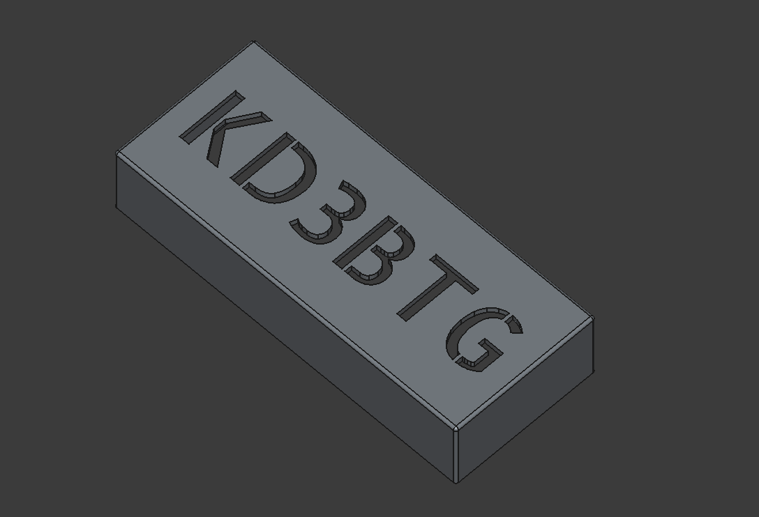 A screenshot from FreeCAD showing the updated model with my call sign of KD3BTG across the front.